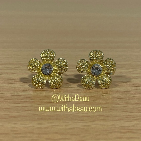 Gold Tone Flower Earrings with Diamond Center - Fiona - Picture 1 of 3